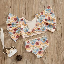 Clothing Sets Kids Little Girl Two Piece Swimsuits Floral Print Knotted Bow Tops And Elastic Shorts Summer Bikini Bathing Suits