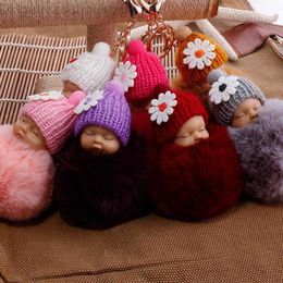 Cute Sleeping Baby Doll Keychain Pompom Helmet Rabbit Fur Ball Carabiner Key Chain Keyring Holder Bag Pendant key Ring Gift 01OY