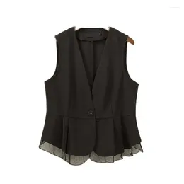 Women's Vests Fashion Korean Version Vest Female Waistcoat 1 Button Black Chiffon Elegant Summer Autumn Thin Jacket Top 2024