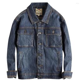 Men's Jackets Retro Striped Denim Jacket Men Washed Loose Cargo Jeans Coat Streetwear Casual Cowboy Top Male