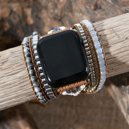 Bracelets Hematite Stone Bracelet for Apple Watch Band Boho Beads 5 Wrap Wax Rope Watch Strap Vegan Wrist Band Christmas Gift Dropship