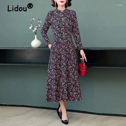 Casual Dresses Vintage Floral Print Stand Collar Elegant Pleated For Women Spring Autumn Fashion Long Sleeve Slim Midi Dress Vestidos