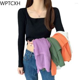 Women's Sweaters Knitted Square Neck Short Tops Women Long Sleeve Pullover Soft Sweater All-match Fashion Solid Jersey Spring Autumn