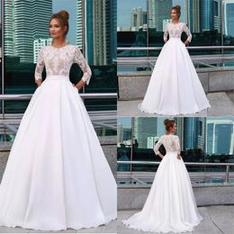 Principessa bianca abiti da sposa eleganti collo gioiello 3/4 appliques in pizzo a maniche lunghe abiti da sposa country tasca satinata vestido de nolia