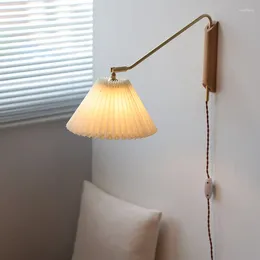 Wall Lamp All Copper Rotary Pleated Wooden Bedroom Headboard Socket Type With Switch In The Study Cable-free Rocker Arm