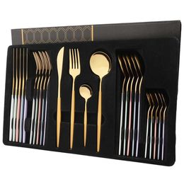 Camp Kitchen 24Pcs/Set Stainless Steel Dinnerware Set Mix Gold Cutlery Set Dinner Knife Fork Coffee Spoon Tableware Kitchen Silverware Sets YQ240123