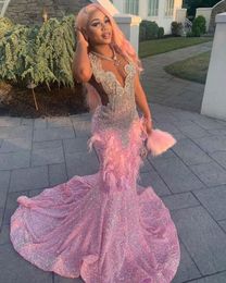 Pink Sparkly Mermaid Evening Formal Dresses for Women Luxury Diamond Crystal Feather Black Girl Prom Gown vestidos de gala