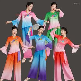 Stage Wear 2024 Women Traditional Dance Costume Chinese National Flower Print Tops Pants Set Performance Practise Vintage Hanfu