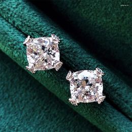 Stud Earrings Trendy Cushion Cut Square For Women Silver Color Metal White Zircon Promise Engagement Wedding Ear Studs Jewelry