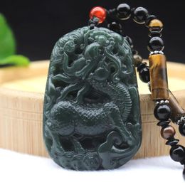 Necklaces Natural Green Hetian Nephrite Jade Hand Carved Kylin Unicorn Lucky Amulet Pendant Necklace For Men Women Free Beads Rope Chain