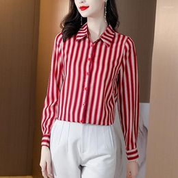 Women's Blouses Elegant OL Office Ladies Business Work Silk Striped Shirt Women Blouse Fashion Long Sleeve Lapel Satin Female Casual Tops