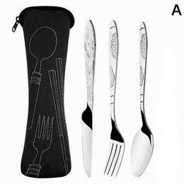 Camp Kitchen 3Pcs Steel Knifes Fork Spoon Set Family Travel Camping Cutlery Eyeful Four-piece Dinnerware Set with Case YQ240123