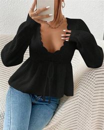 Women's Sweaters Long Sleeve V-Neck Knit Pullover Tops Drawstring With Ruffled Hemline Casual Sweater For Women Girls