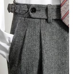 Men's Autumn Winter High Waist Woollen Trousers Male Tweed Business Casual Pants Men Long Formal Straight Pants H336 240119