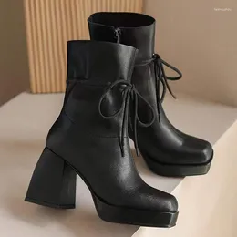 Boots 2024 Luxury High-top Women Leather Ladies Chunky Winter Shoes Platform Ankle Bootias Square-toed Thick Heel Femeninaia