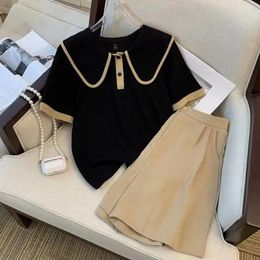 Clothing Sets 4-15T Girls' Short-sleeved Fashion Set 2024 Style Baby Doll Collar Colour Shorts Two-piece