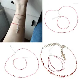 Necklace Earrings Set Blood Drop Women Fashion Novel Crossed Open Bracelet Thin Hand Rope