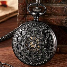 Pocket Watches Hollow Mechanical Mens Watch Fob Chain Luxury Vintage Flower Steampunk Skeleton Clock For Men Women Classic Black