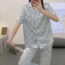 Women's Sleepwear 2 Pcs/Set Women Spring Summer Pyjama Set Silky Ice Silk Lapel Plaid Print Sleeve Loose Single-breasted Wide Leg Shirt