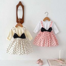 Girl Dresses 8760 Baby Girls' Dress Suit 2024 Spring Fashion Girl's Strap One-piece Long Sleeve Bow Princess