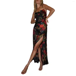 Casual Dresses Women Sexy Sling Long Dress Fashion Floral Print Spaghetti Strap Sleeveless Cross Backless Cocktail Party High Slit