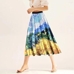Skirts Mid-length Printed Pleated Skirt 2024 Versatile European Style Over-the-knee