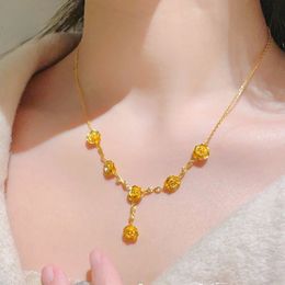 Real 24 K Gold Color Rose Necklace for Women Bride Female Versatile Retro Elegant Flower Pendant Set Fine Jewelry Gifts 240119