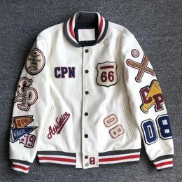 Street clothing PU leather baseball jacket for men's Harajuku casual letter pattern flocking embroidery Y2K motorcycle jacket unisex 2024 240123