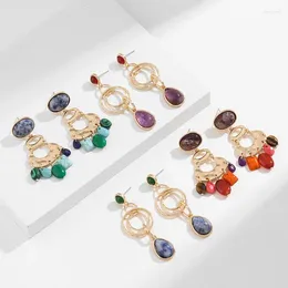 Dangle Earrings Colorful Semi-precious Stone Elliptical Gourd Shaped For Women Girls Golden Color Vintage Fashion Metal