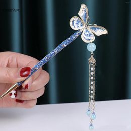 Hair Clips Vintage Chinese Sticks Forks Blue Butterfly Flower Designs Pearl Headpieces Long Tassel Hairpins Side Jewellery