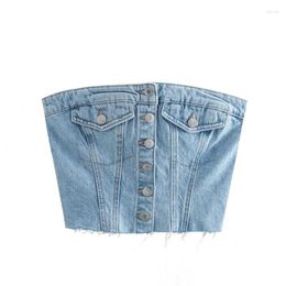 Women's Tanks Ultra Short One Line Neck Single Row Multi Button Underwaist Slim Fitting Waist Fashion Denim Waistcoat