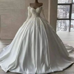 Luxury Satin Lace Wedding Dresses White Sequined Off the Shoulder Pleat Ball Gown Pearls Backless Floor-Length Wedding