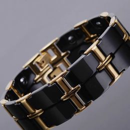 Bracelets Gold Colour Polished Stainless Steel Women Bracelets For Men Luxury Ceramic Health Care Energy Magnetic Man Bracelet Male Female