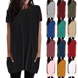 Women's T Shirts Ladies Casual Loose Solid Colour Long Shirt Tops Summer Oversize Round Neck Pullover Blouse Short Sleeve Pocket
