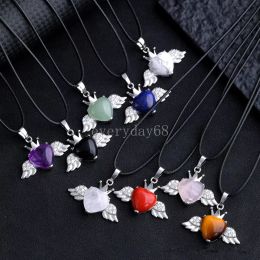 Natural Stone Heart Wing Pendant For Women Rose Quartz Amethyst Tiger's Eye Pendant Charms for Jewelry Making Necklaces