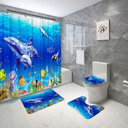 Shower Curtains Ocean Scenery Shower Curtain Set Dusk Trees Tropical Fish Landscapes Fabric Decor Bath Curtain Not Slip Bath Mat Toilet Lid