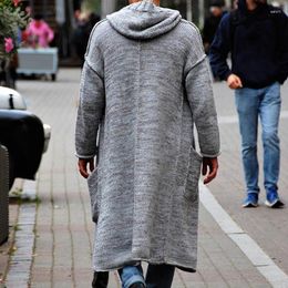 Men's Sweaters Men Loose Long Cardigan Solid Colour Sleeve Hooded Open Front Hoodies Fall Winter Knitted Coats With Pockets