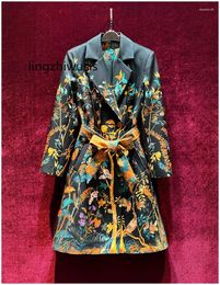 Women's Trench Coats Women Coat Vintage Print Slim Designer Medium Length Outerwear Female Top Quality Autumn 2024 Arrive