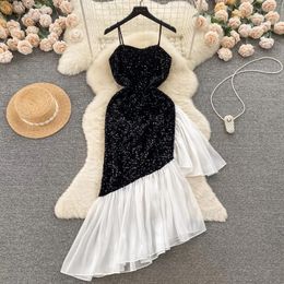 Casual Dresses Ladies Sexy And Elegant Sequin Sling Dress Luxury Contrast Colour Ruffle Edge Irregular Sparkly Evenning Party Prom Women