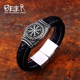 Charm Bracelets Beier Stainless Steel Carved Leather Bracelet Viking Pattern Men's Wide Leather Bracelet Jewelry Ws5z