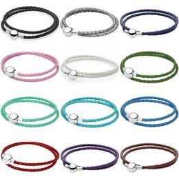 Bangles Original Genuine Leather Ball Circular Clasp Snake Chain Bracelet Fit Fashion 925 Sterling Silver Bangle Bead Charm DIY Jewellery