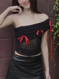 Women's Tanks 2024 Harajuku Vintage Gothic Vest Women Streetwear Cyber Y2k Punk Emo Red Bow Patchwork Oblique Collar Crop Tank Tops Femme