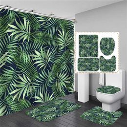 Shower Curtains Black and Gold Tropical Plant Leaf Bathroom Shower Curtain Set for Bathtub Exotic Leaves Bath Mats Rugs Toilet Home Decor