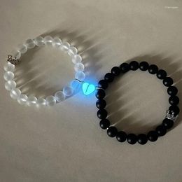 Strand Luminous Magnetic Love Heart Pendant Beaded Bracelet Set With White Black Colour Hand Jewellery For Couples Valentine's Day Gift