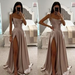 Rosy gold Prom Dress straps satin Evening Dress elegant Pleats Split Formal Long Special Occasion Party dress robe de soiree
