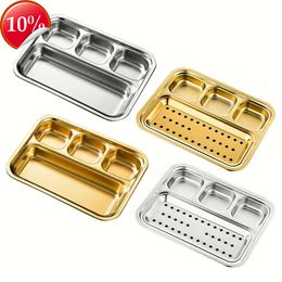 New 1pc Stainless Steel Divided Dinner Tray Lunch Container Food Plate For School Sauce Dish Seasoning Dish Snack Plate Dinnerware