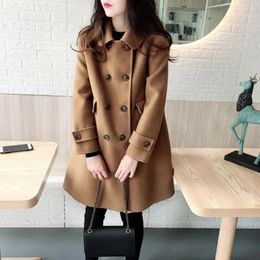 Women's Jackets Women Long Coat Solid Colour Lady Vintage Woollen Double-breasted Trench Warm Mid-length Cardigan With For