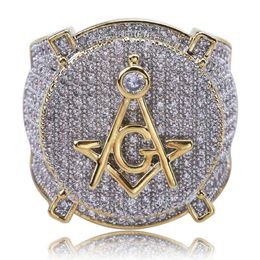 Hip Hop Masonic Ring All Iced Out High Quality Micro Pave CZ Rings Copper Gold Colour Plated For Women Men279Q