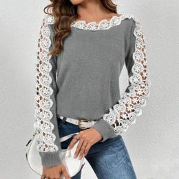 Women's Blouses Patchwork Colour Pullover Tops Lightweight Breathable T-shirt Fashionable Lace Splicing Stylish Hollow Out