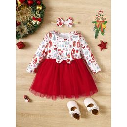 Girl's Dresses 3-24 Months Baby Girl Christmas Red Dress Cute Christmas Pattern Long Sleeve Mesh Dress+Headband for Toddler Girl New Year Wear